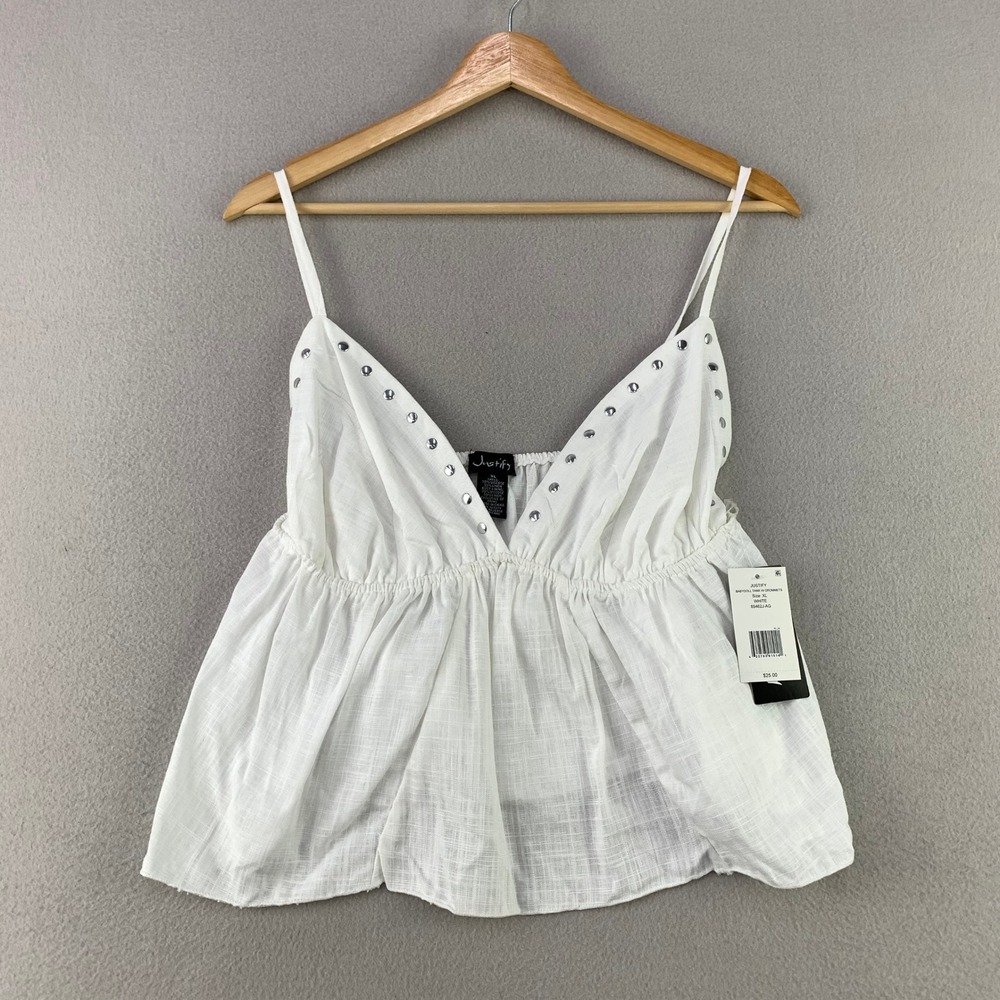 Justify Babydoll Tank Top Women XL White NWT Y2K Boho Studded Linen Blend